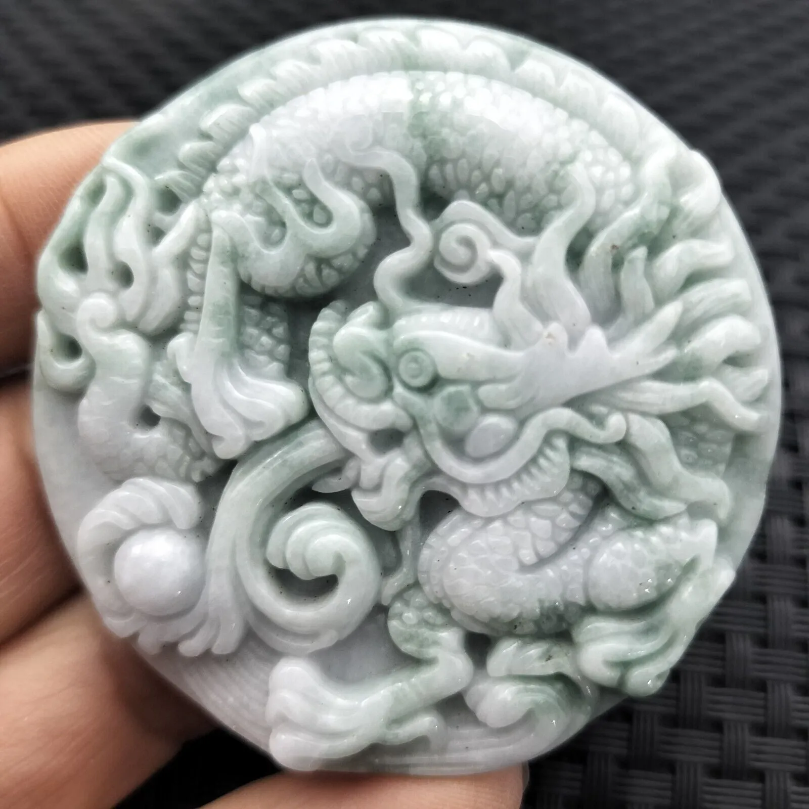 Certified Floral Green Natural Type A Jadeite Carved Dragon Bead Pendant Necklace