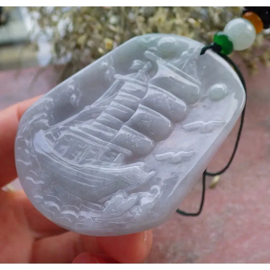 Certified Green 100% Natural A Jade Jadeite Pendant Sailboat Necklace
