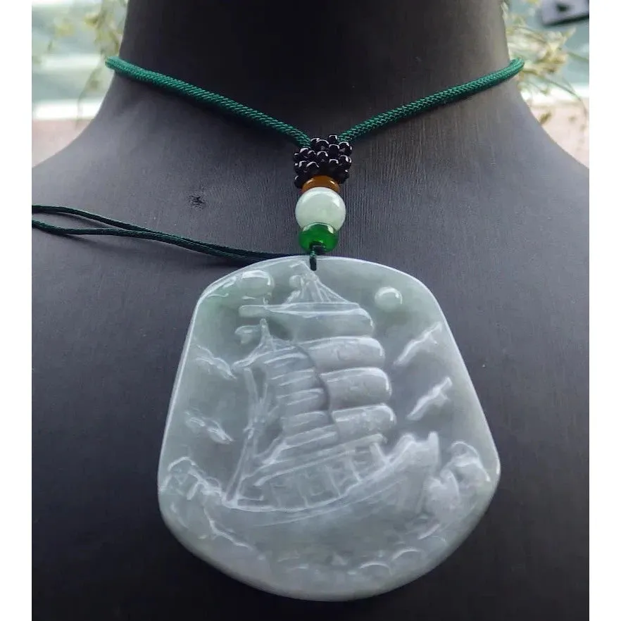 Certified Green 100% Natural A Jade Jadeite Pendant Sailboat Necklace