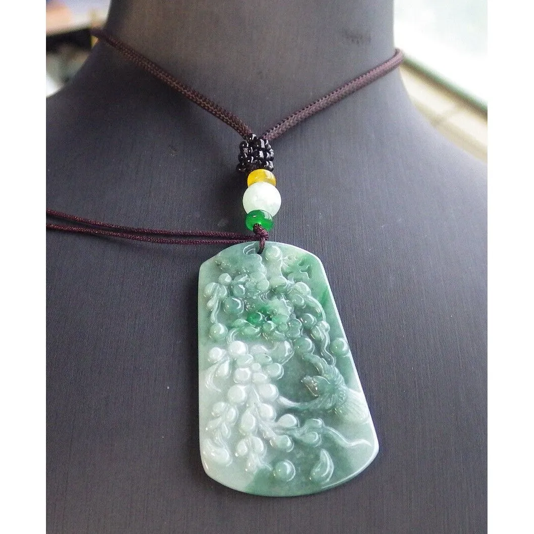 Certified Green Natural A Jade Pendant Bird Phoenix Flower Necklace