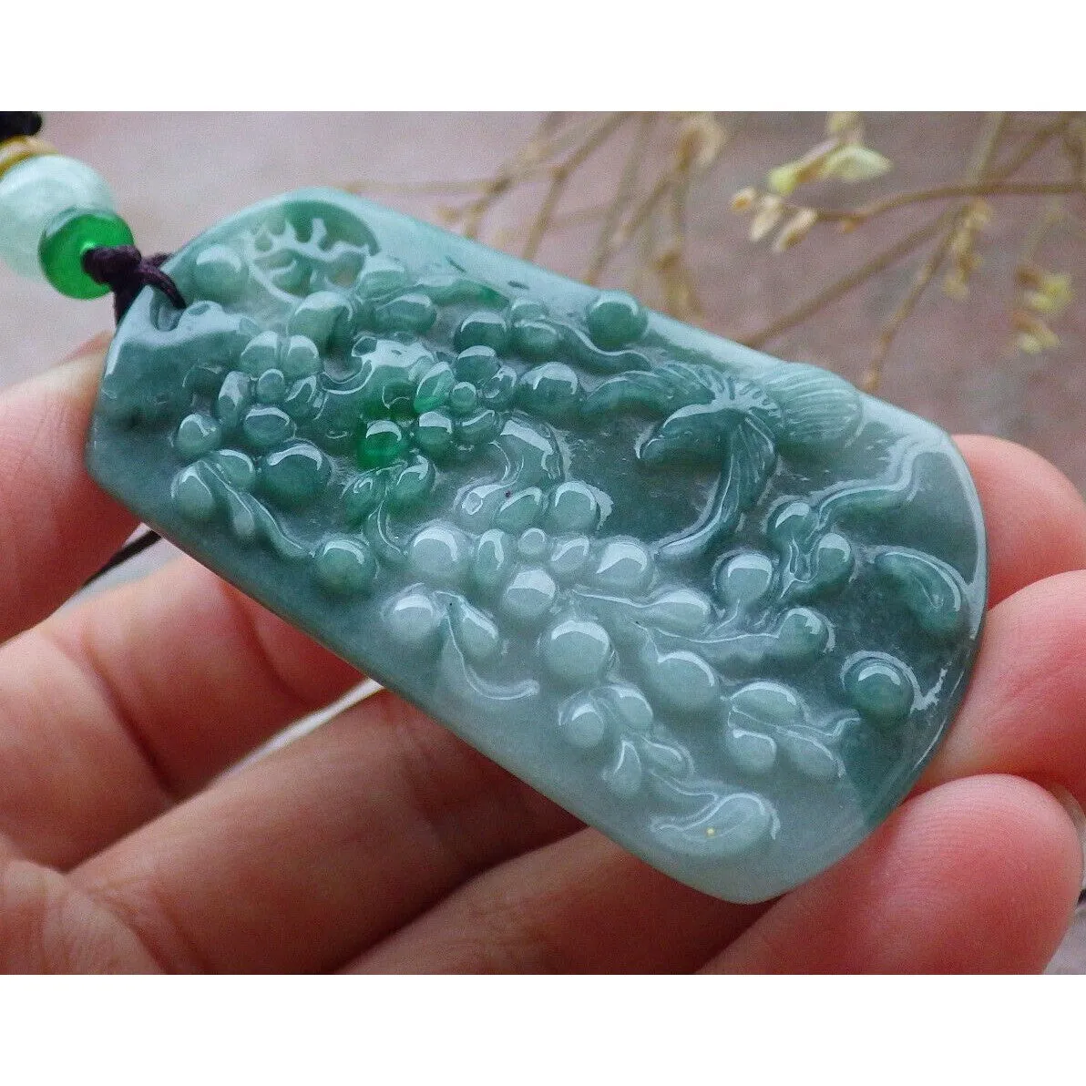 Certified Green Natural A Jade Pendant Bird Phoenix Flower Necklace