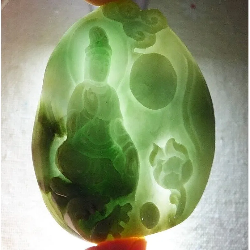 Certified Natural Type A Jadeite Jade Lotus Kwan-Yin Pendant Necklace