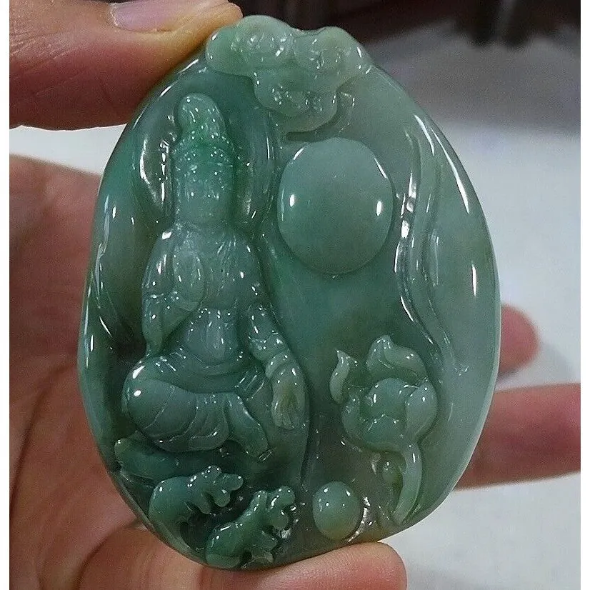 Certified Natural Type A Jadeite Jade Lotus Kwan-Yin Pendant Necklace