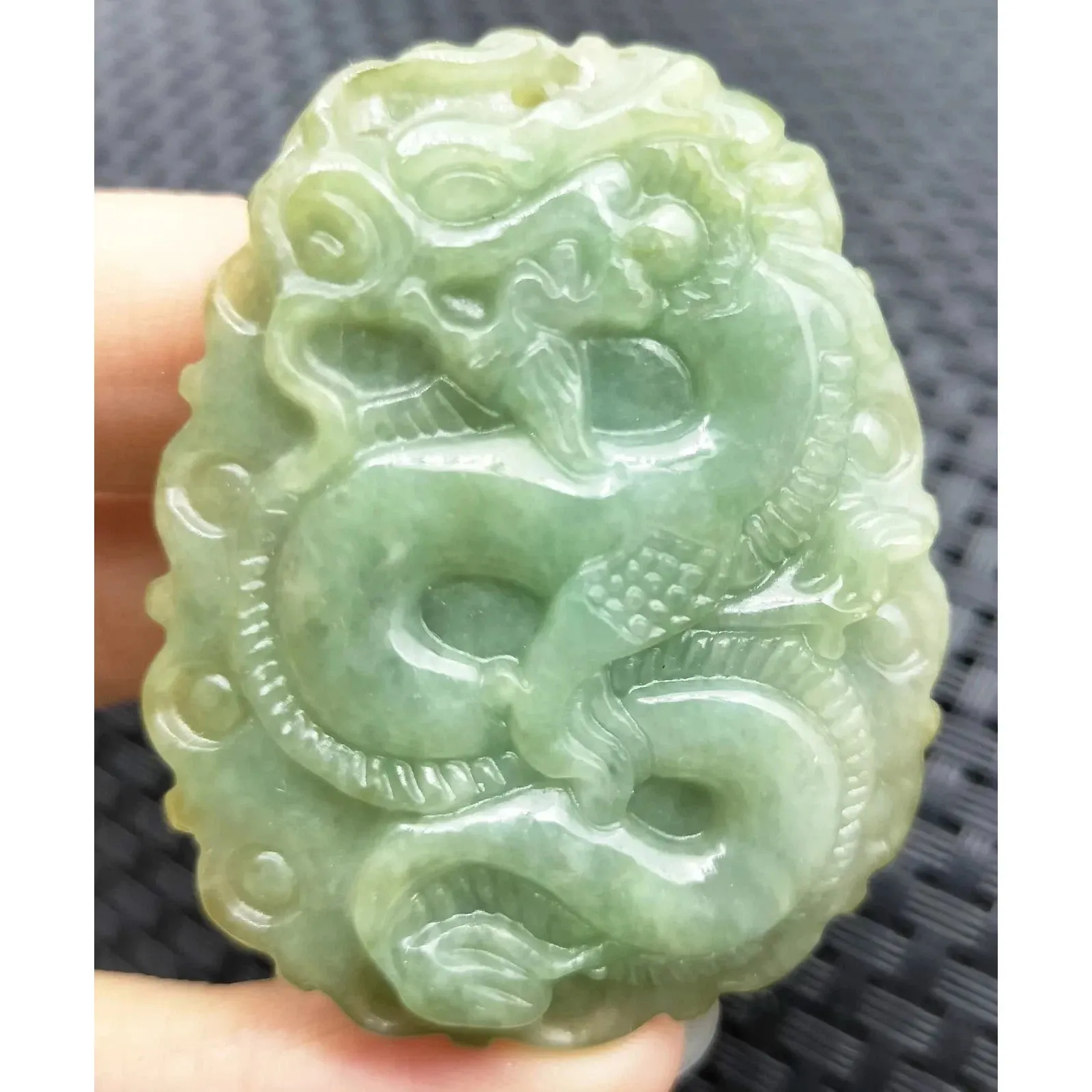 Certified Oily Green Natural Type A Jade Jadeite Carved Big Dragon Pendant Necklace