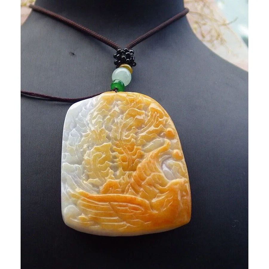 Certified Yellow  Natural A Jade Jadeite Pendant Phoenix Flower Necklace