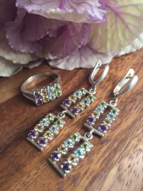 Colorful Dangling Earrings - Topaz Earrings - Vintage Multistone Earrings