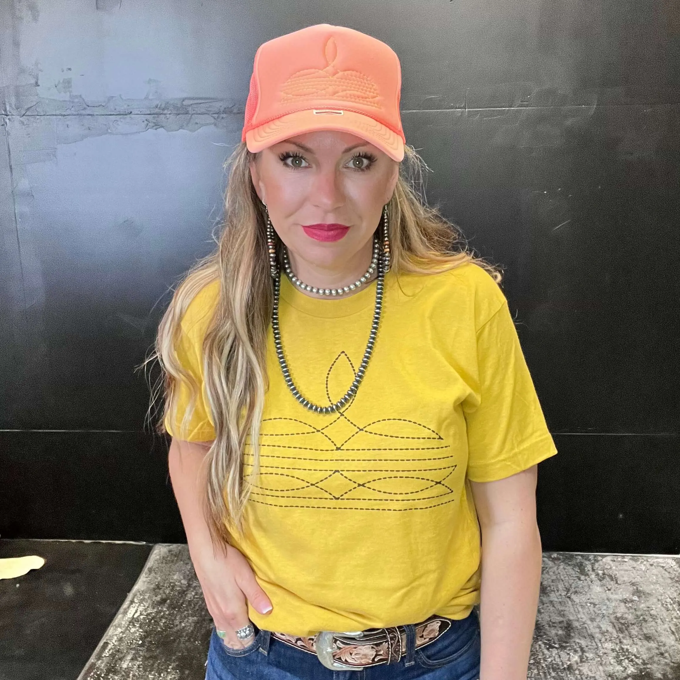 Coral with Yellow Boot Stitch Trucker Hat
