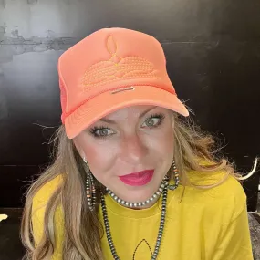 Coral with Yellow Boot Stitch Trucker Hat