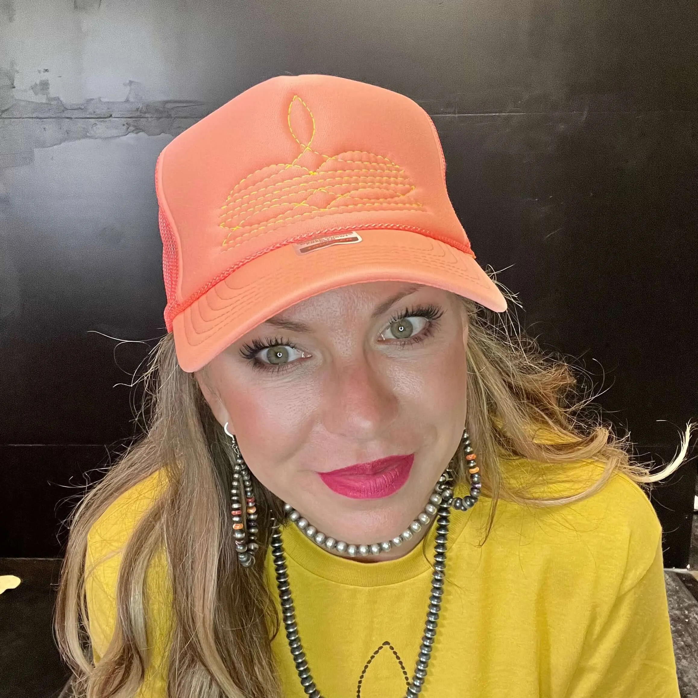 Coral with Yellow Boot Stitch Trucker Hat