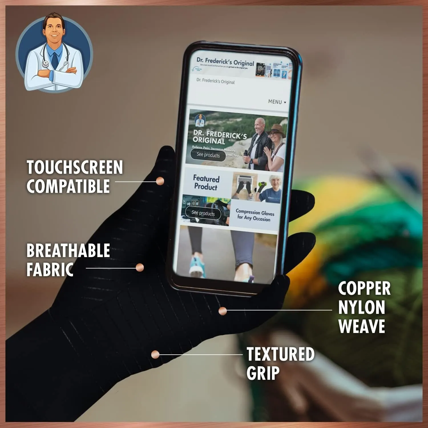 Dr. Frederick's Original Copper Full Finger Arthritis Glove - 2 Gloves - Perfect Computer and Phone Typing Gloves - Fit Guaranteed