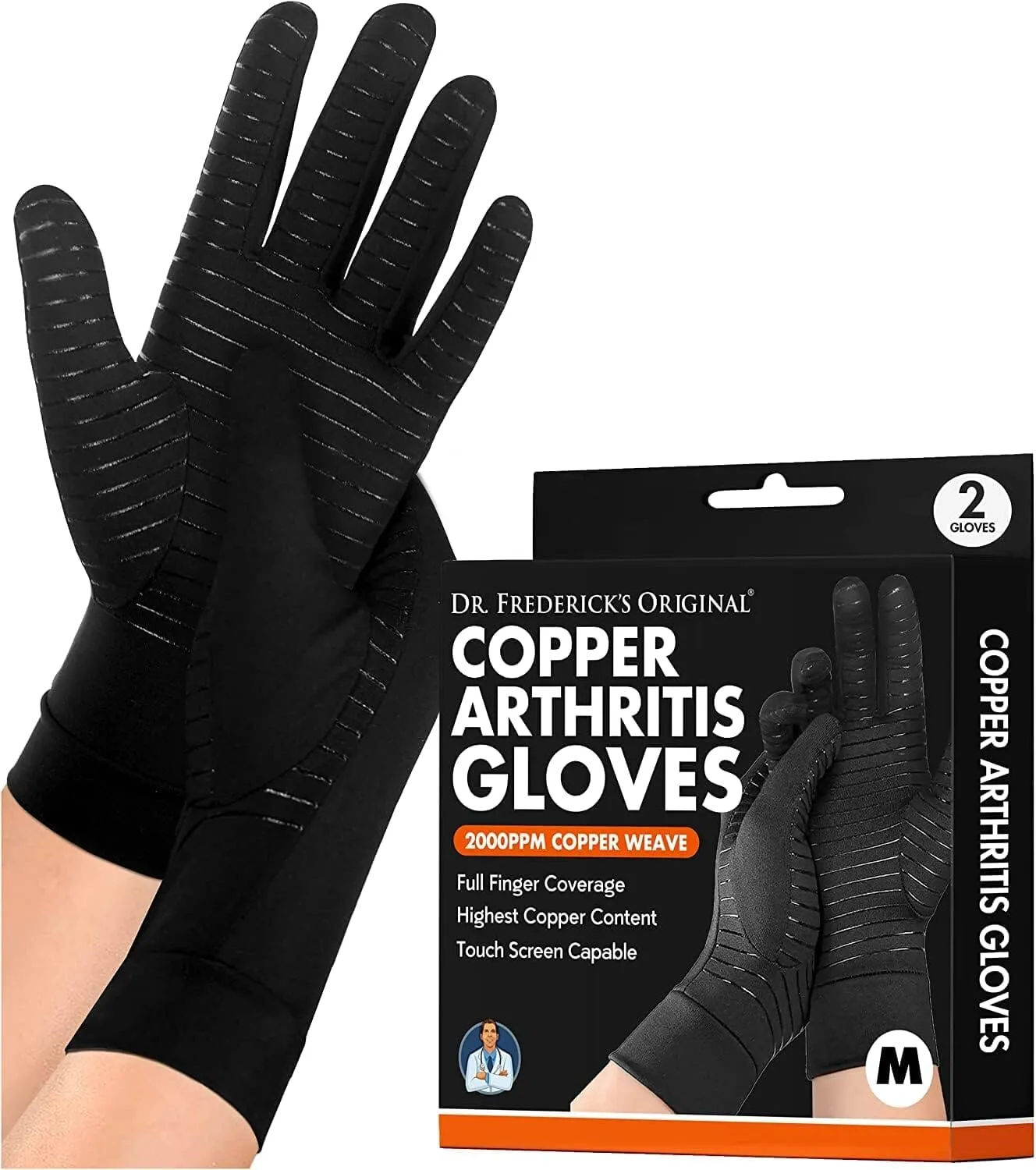 Dr. Frederick's Original Copper Full Finger Arthritis Glove - 2 Gloves - Perfect Computer and Phone Typing Gloves - Fit Guaranteed