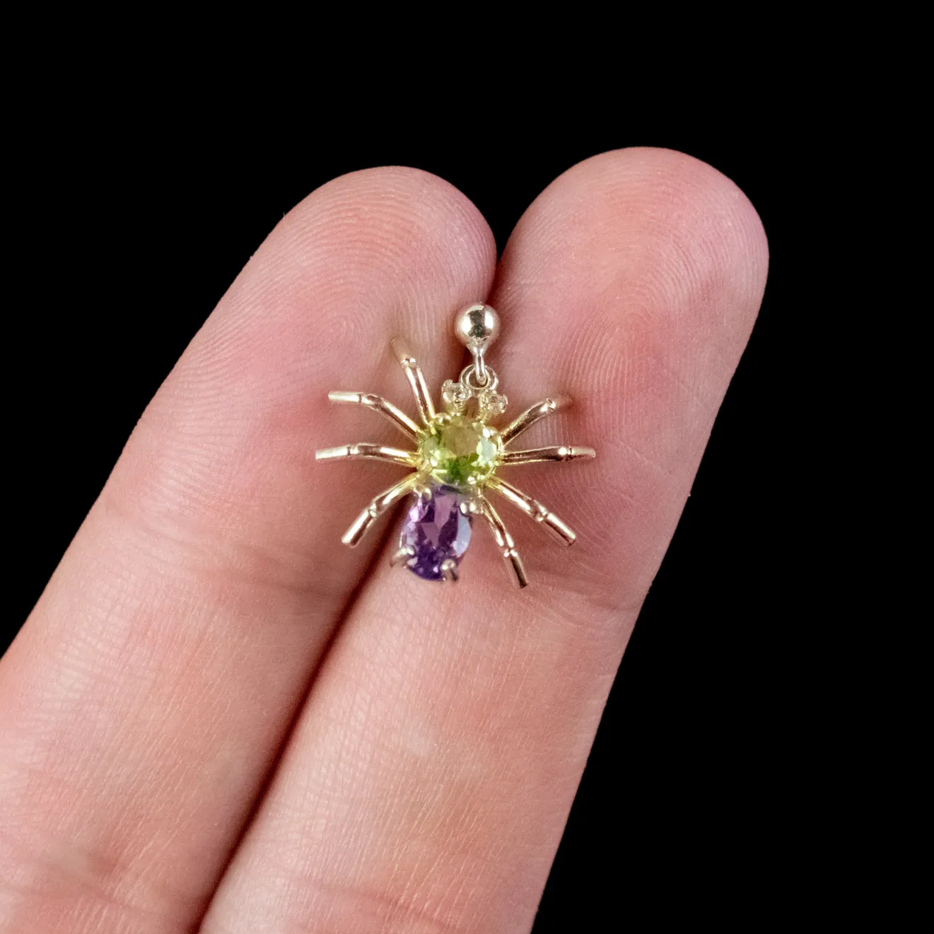 Edwardian Suffragette Style Spider Stud Earrings Amethyst Peridot Diamond