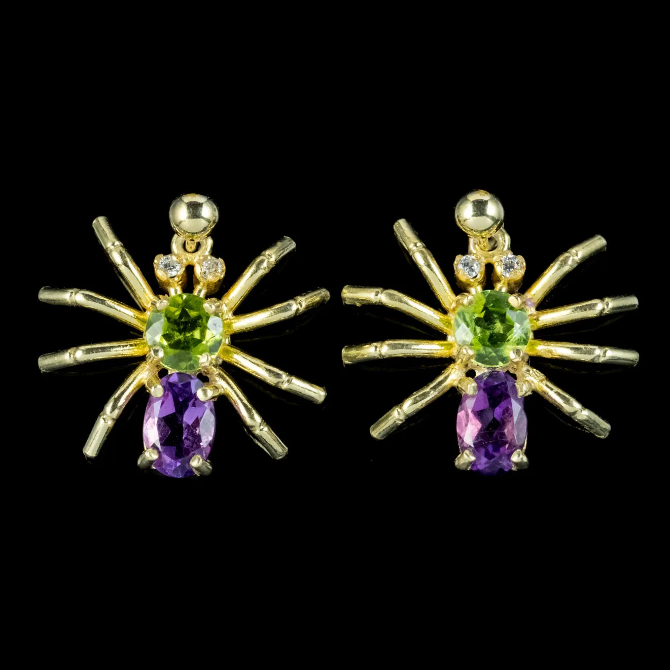 Edwardian Suffragette Style Spider Stud Earrings Amethyst Peridot Diamond