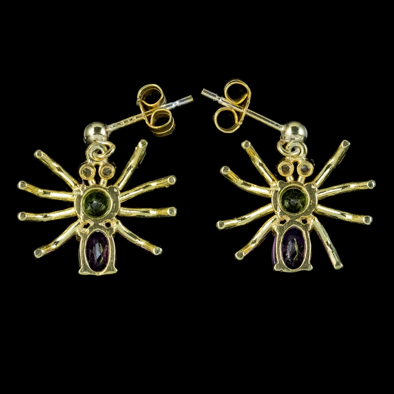 Edwardian Suffragette Style Spider Stud Earrings Amethyst Peridot Diamond