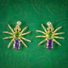 Edwardian Suffragette Style Spider Stud Earrings Amethyst Peridot Diamond