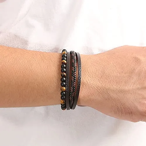 Fashion Frill Stylish Bracelet For Men Boys Boho Jewelry Beads Leather Charm Bracelets For Men Boys Tiger Eye's Stone Rosary love Bracelet Bangle Gift Accessories Mens Jewellery Bracelets