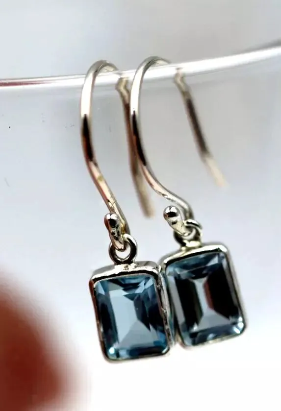 Genuine Sterling Silver 925 Blue Topaz Bezel Hook Earrings