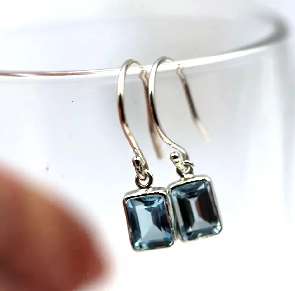 Genuine Sterling Silver 925 Blue Topaz Bezel Hook Earrings