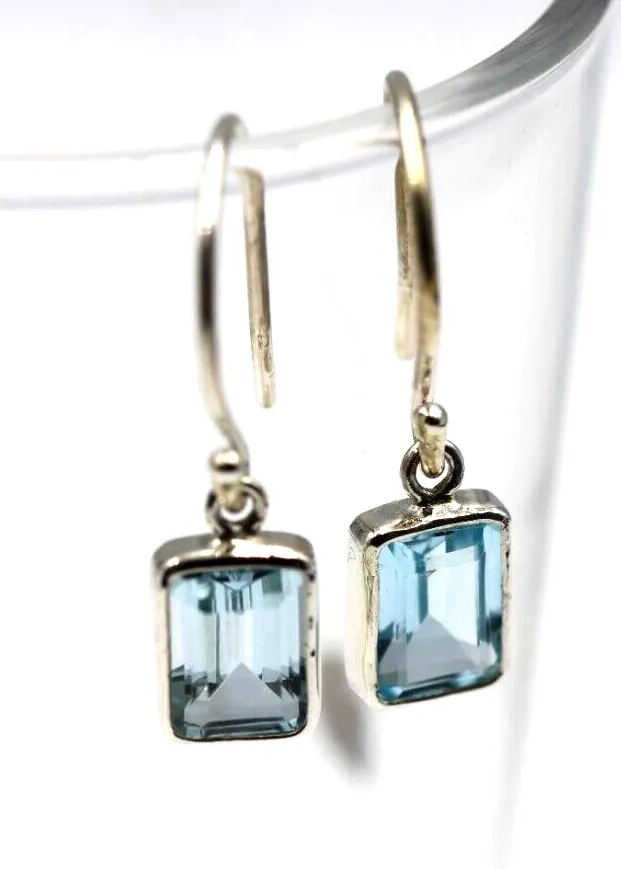 Genuine Sterling Silver 925 Blue Topaz Bezel Hook Earrings