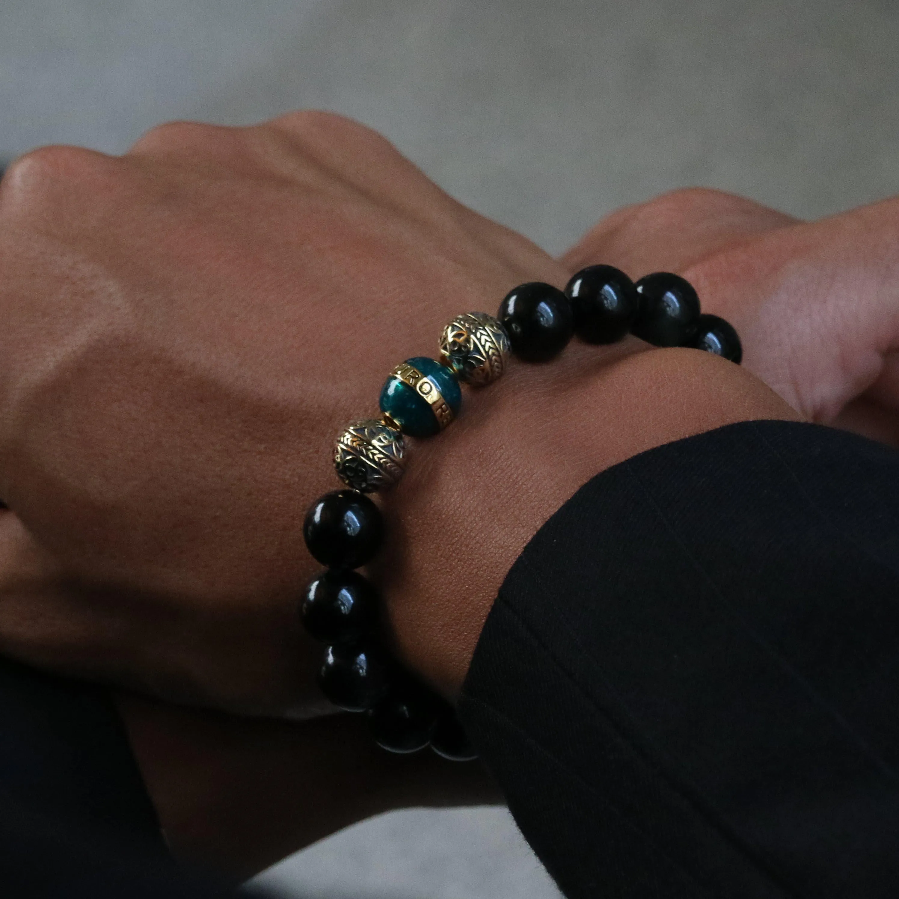Gold Enamel Turquoise Obsidian Bracelet