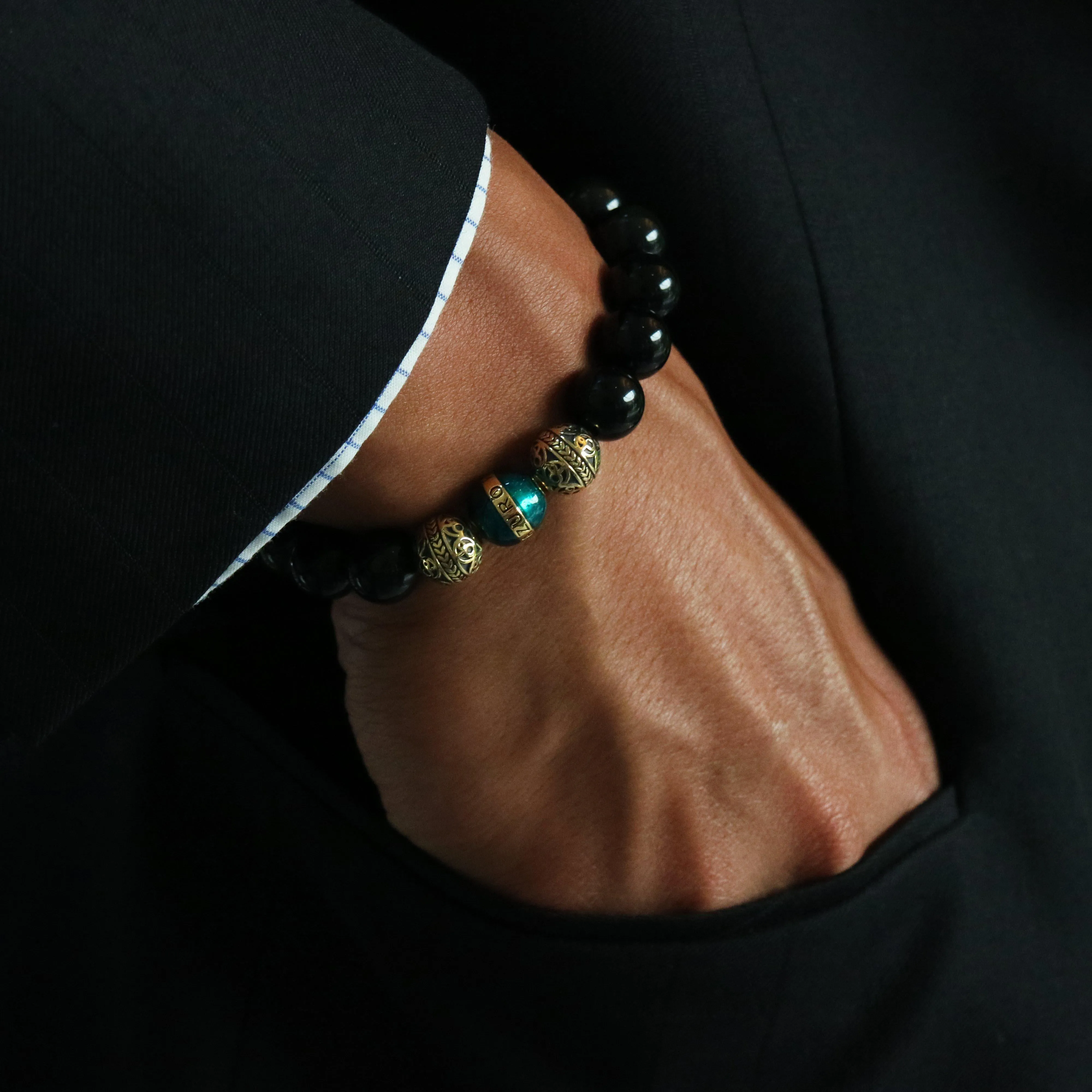 Gold Enamel Turquoise Obsidian Bracelet