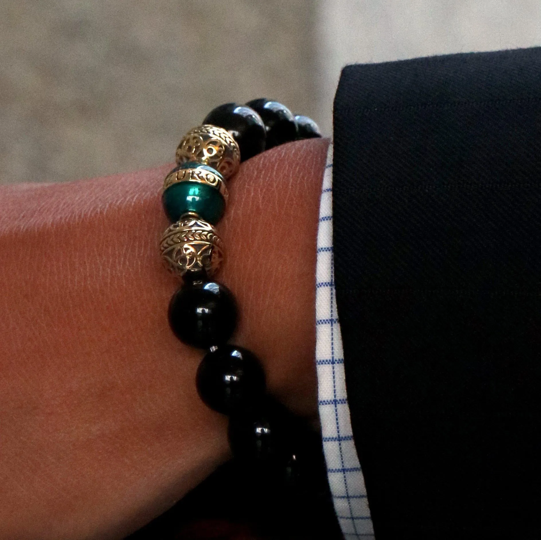 Gold Enamel Turquoise Obsidian Bracelet