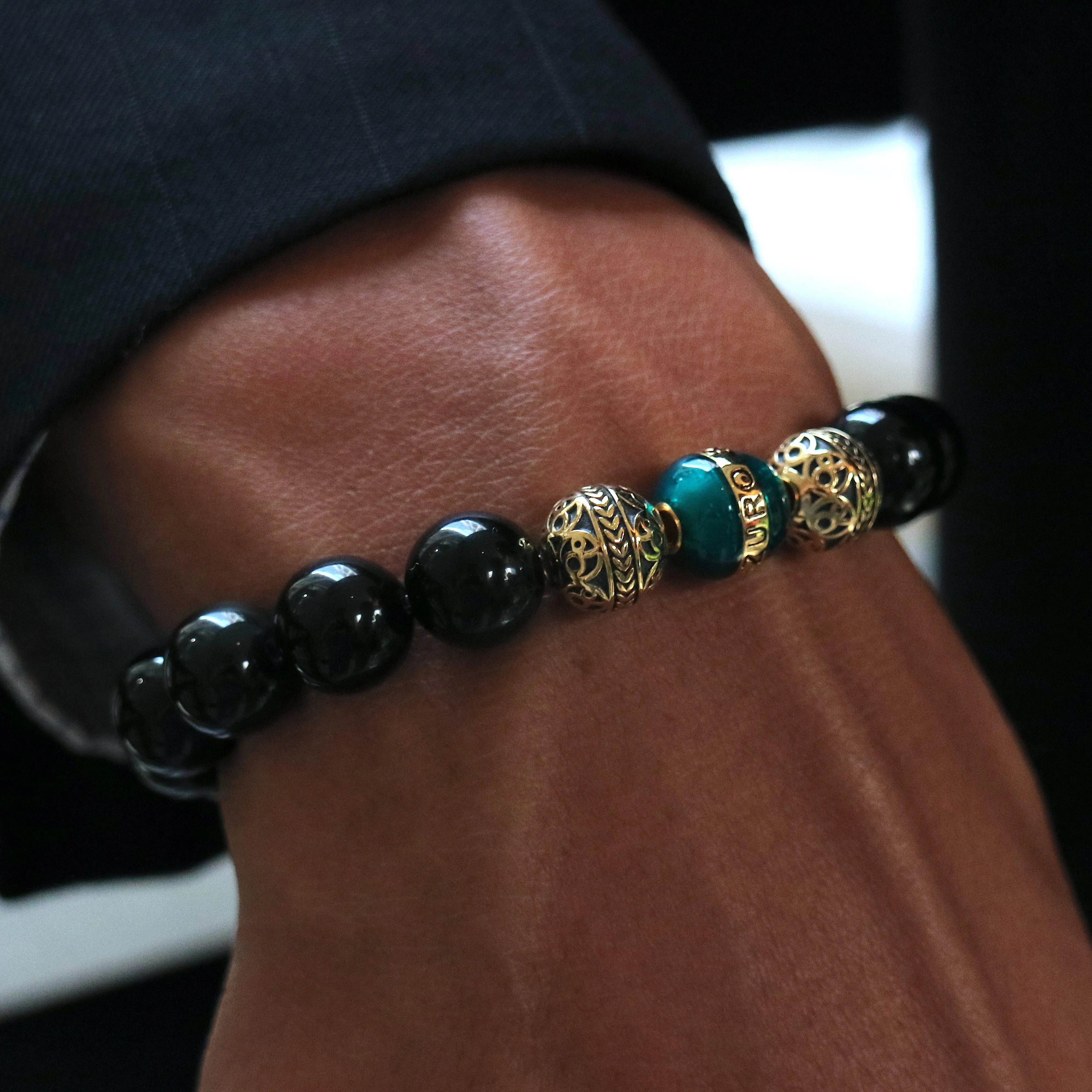 Gold Enamel Turquoise Obsidian Bracelet