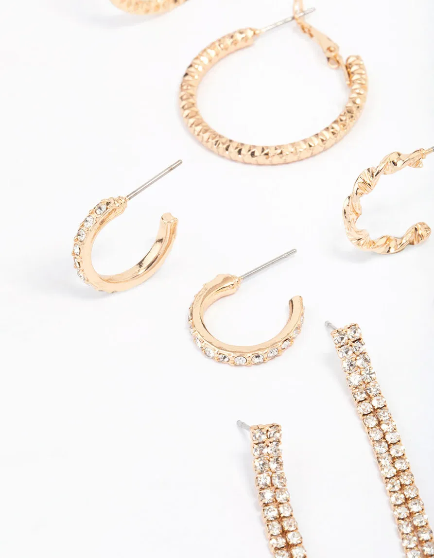Gold Mixed Diamante Stud Earring 6-Pack