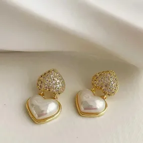 Gold Plated Korean Style Rhinestone Double Heart Earrings Cubic Zirconia Alloy Earring Set, Drops & Danglers - Pair Of 1