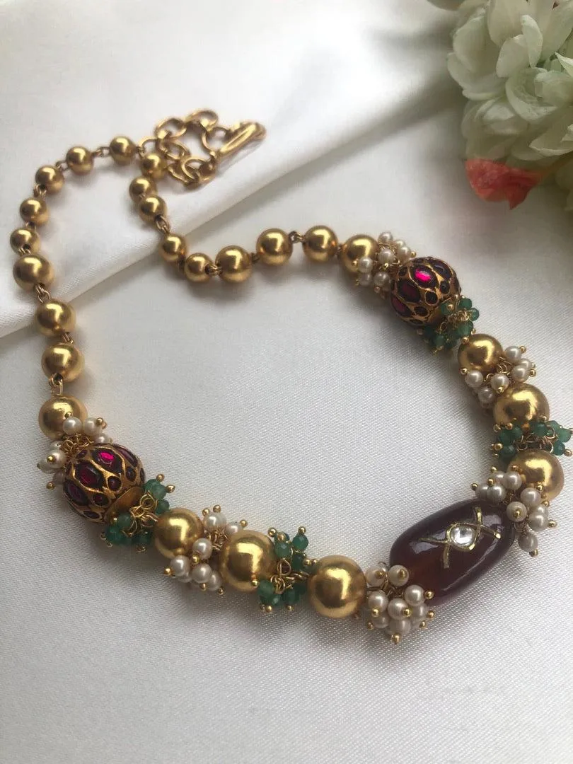 Gold polish beads with kundan beads & brown jade stone necklace