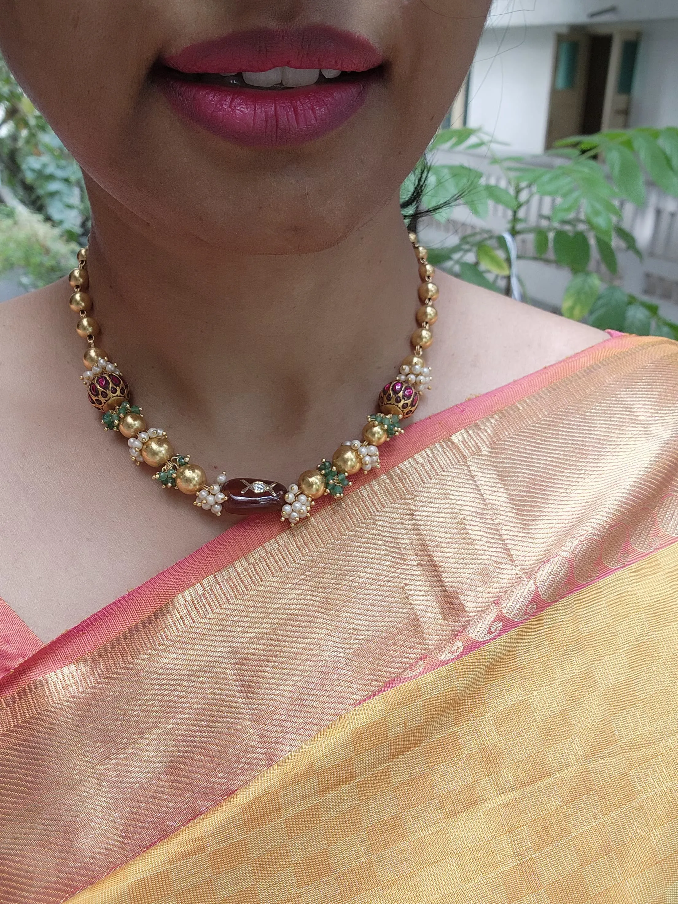 Gold polish beads with kundan beads & brown jade stone necklace