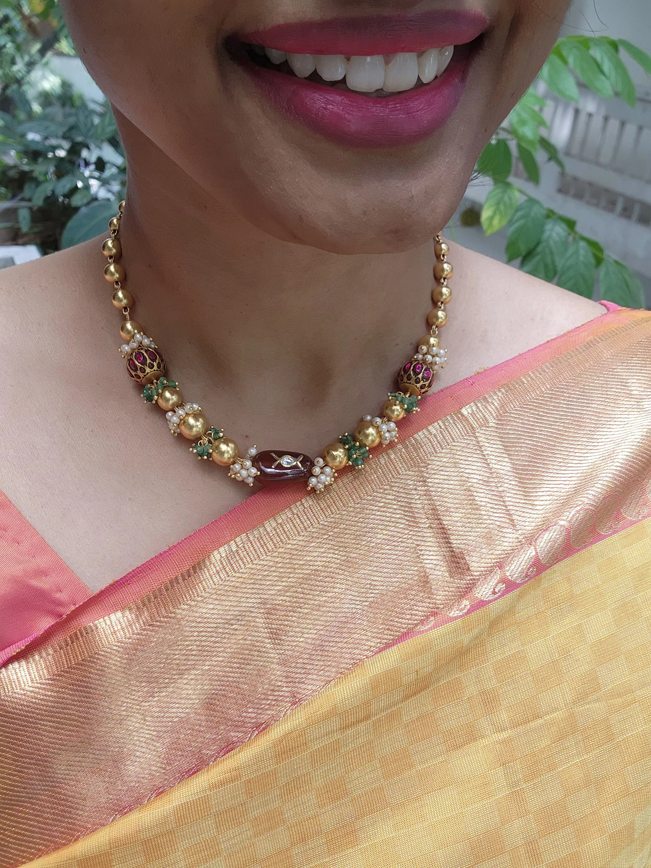 Gold polish beads with kundan beads & brown jade stone necklace