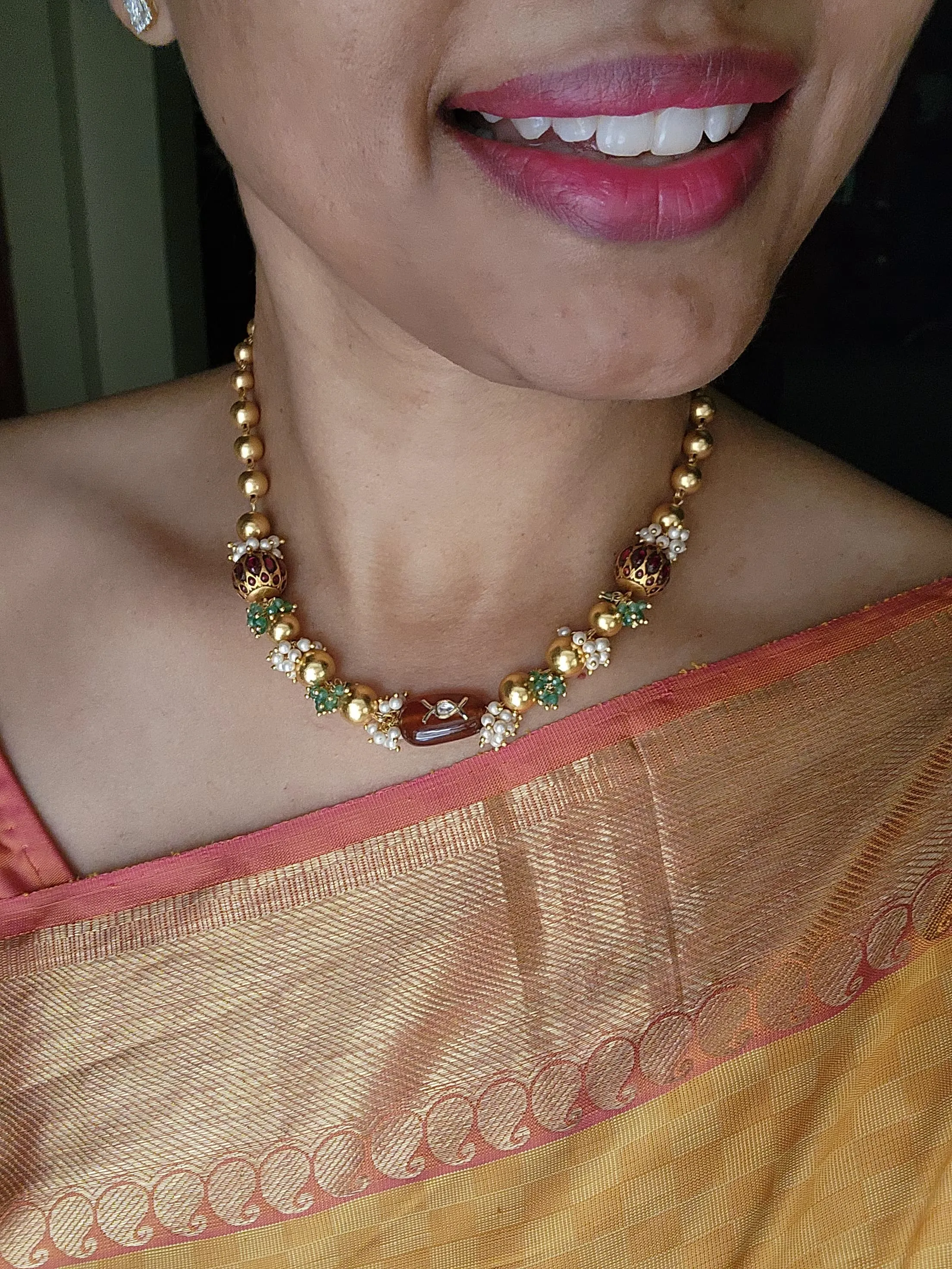 Gold polish beads with kundan beads & brown jade stone necklace