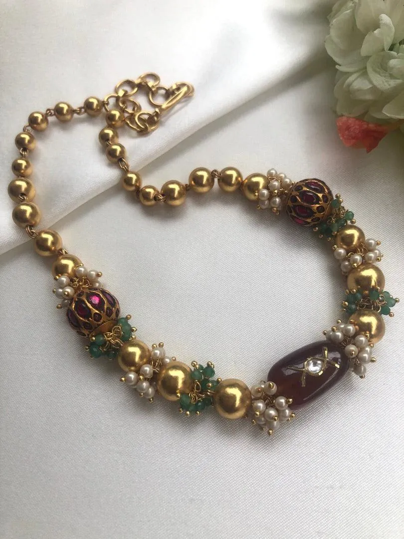 Gold polish beads with kundan beads & brown jade stone necklace