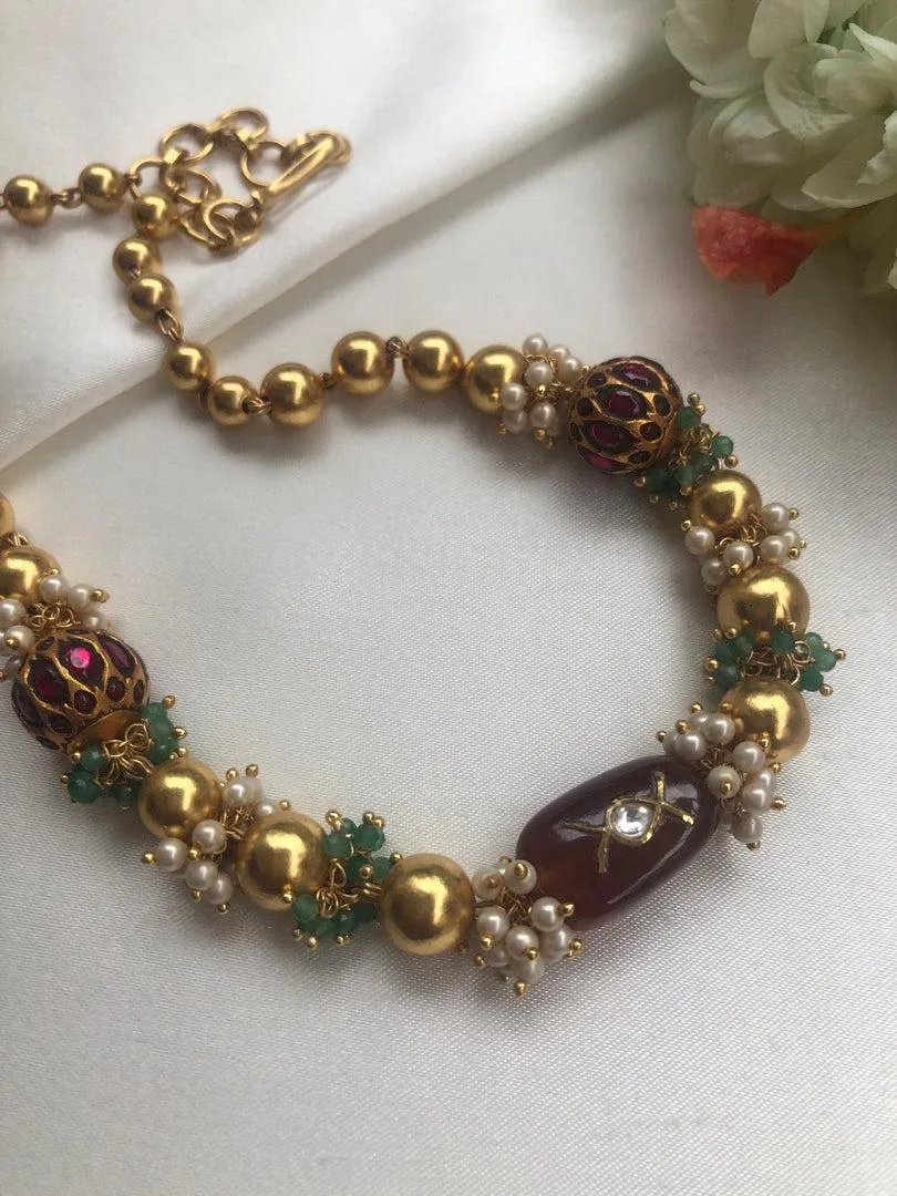 Gold polish beads with kundan beads & brown jade stone necklace