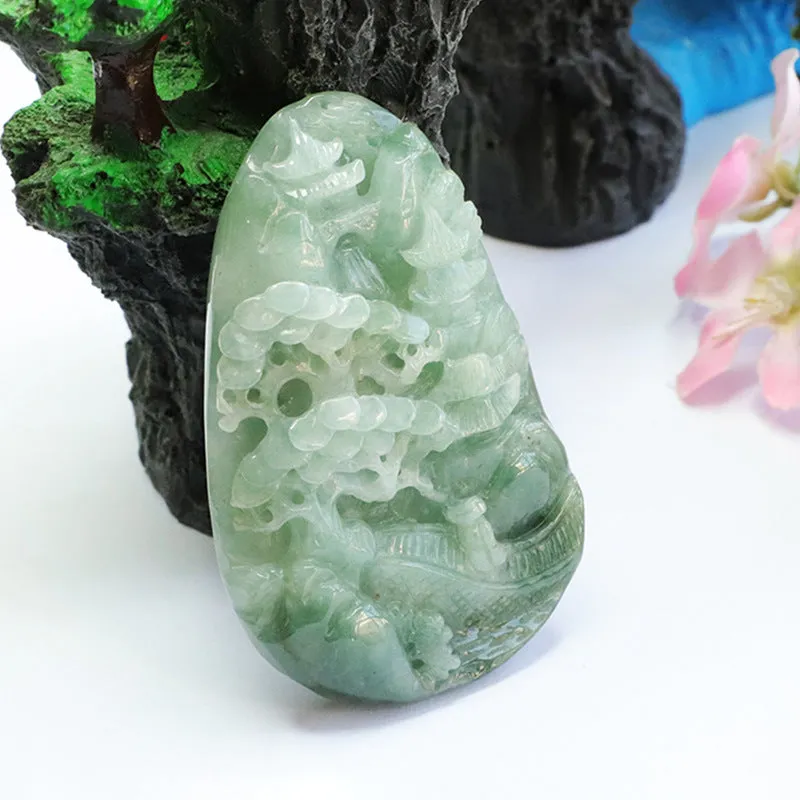 Green Landscape Jade Pendant Engraved with Full Nature Scenery