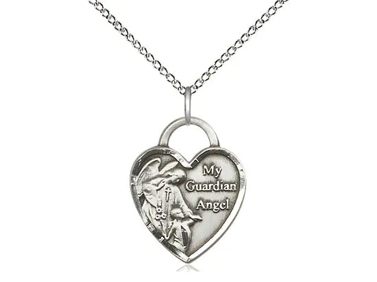 Guardian Angel Silver Heart Pendant With Chain Religious