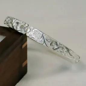 Hand Carved Chinese Style Vintage Vine Pattern Pure Solid Silver Bangle Bracelet