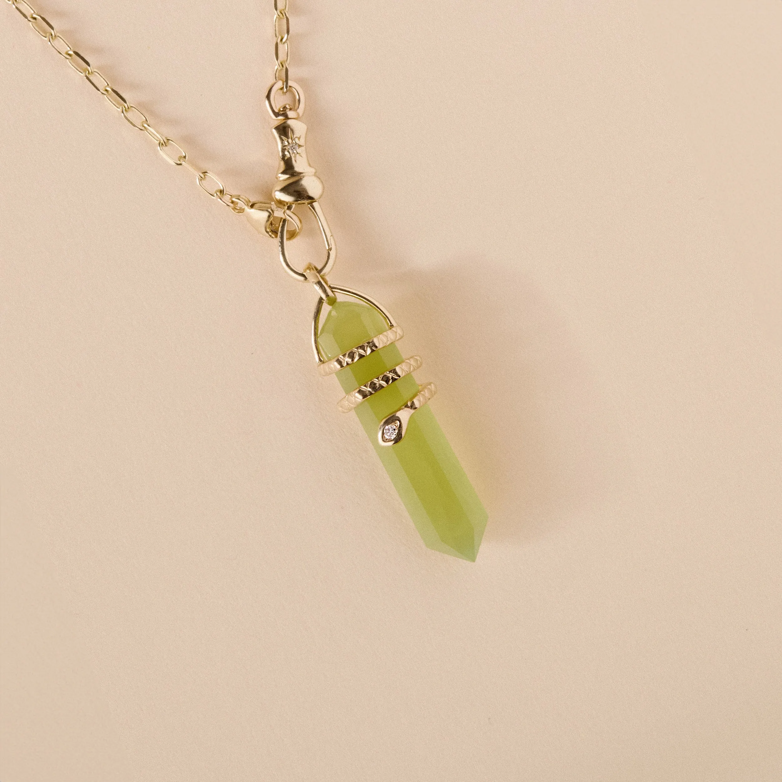 healing serpent jade amulet - 10k yellow gold, jade gemstone, brilliant diamond