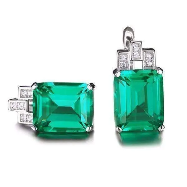 Heritage 8CT Emerald Cut Simulated Russian Emerald IOBI Precious Gems 925 Sterling Silver Earrings