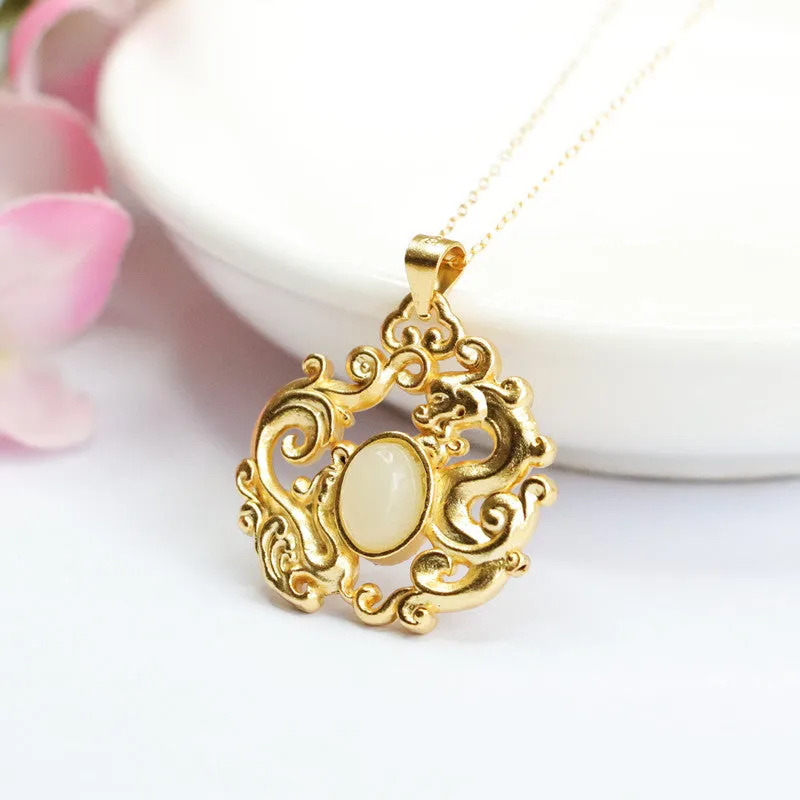 Hetian Jade Dragon and Phoenix Sterling Silver Necklace