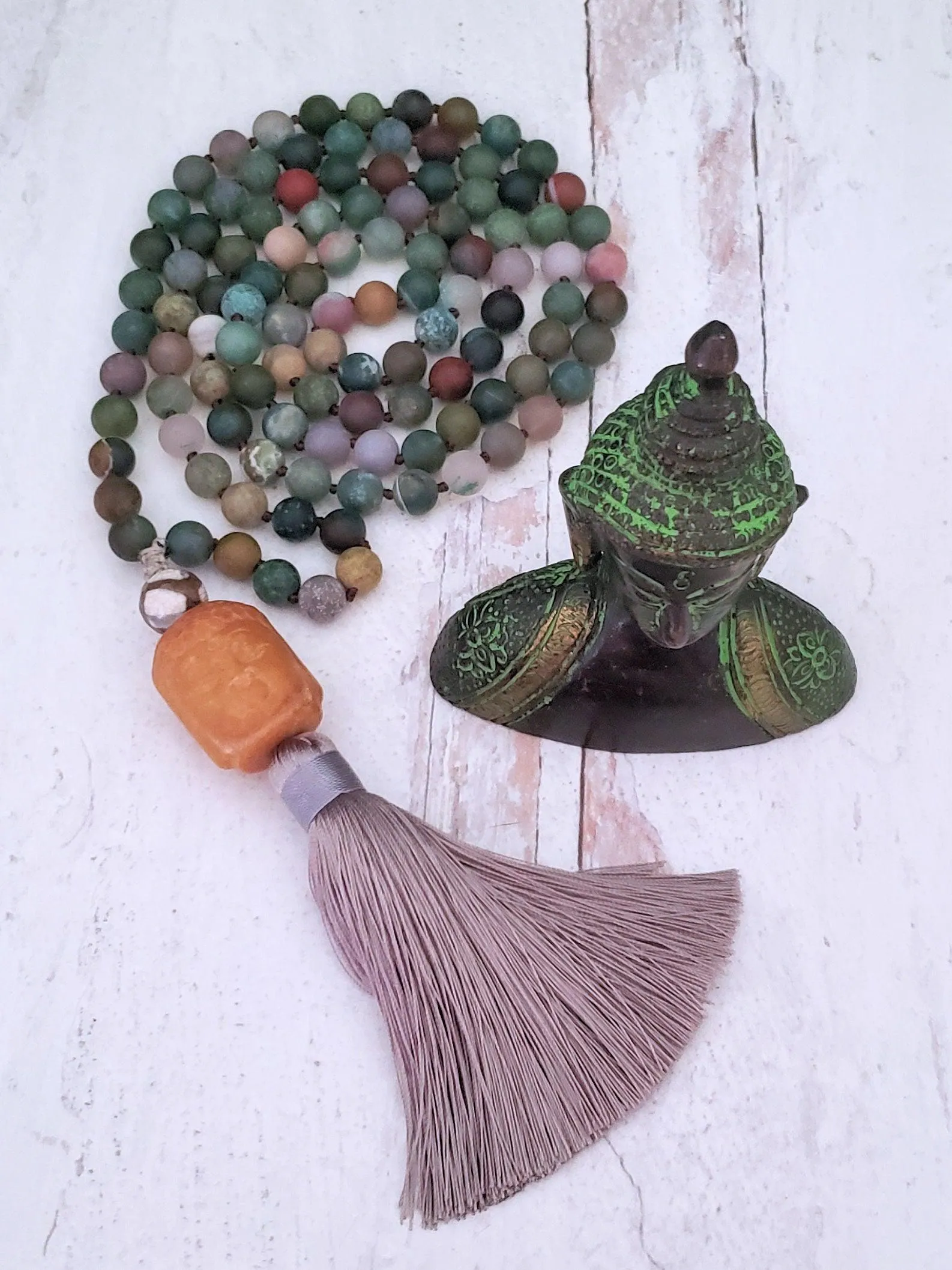 Jade Buddha Mala Necklace on India Agate