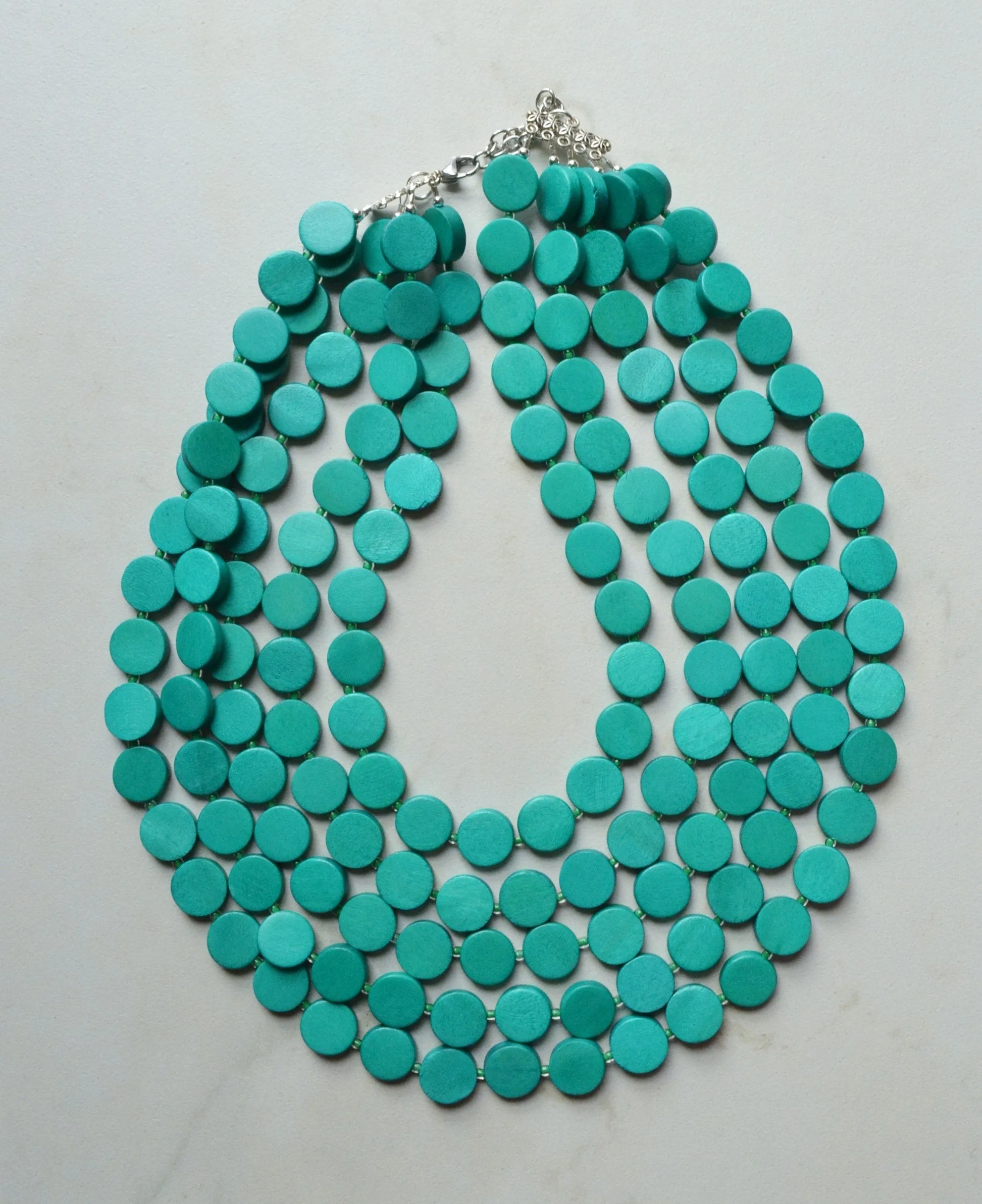 Jade Green Wood Chunky Multi Strand Statement Necklace - Charlotte