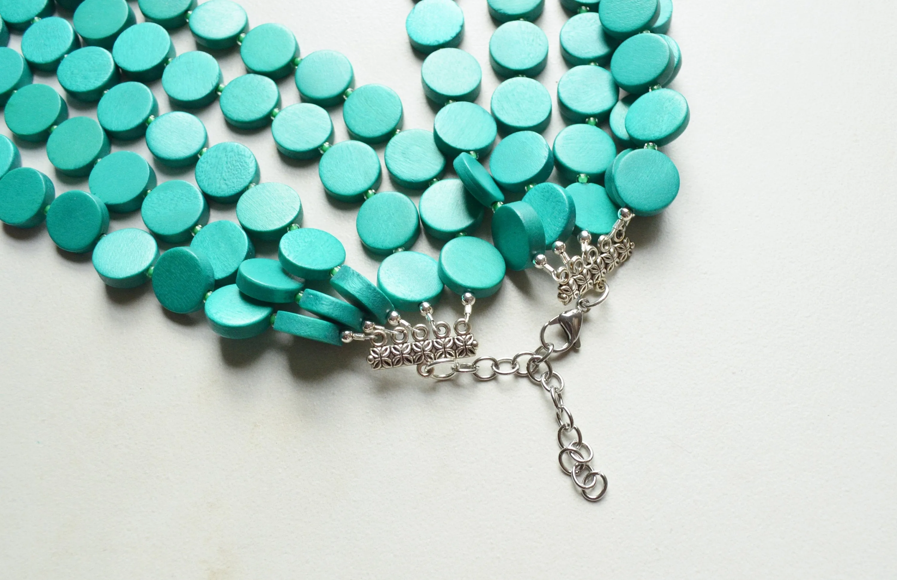 Jade Green Wood Chunky Multi Strand Statement Necklace - Charlotte