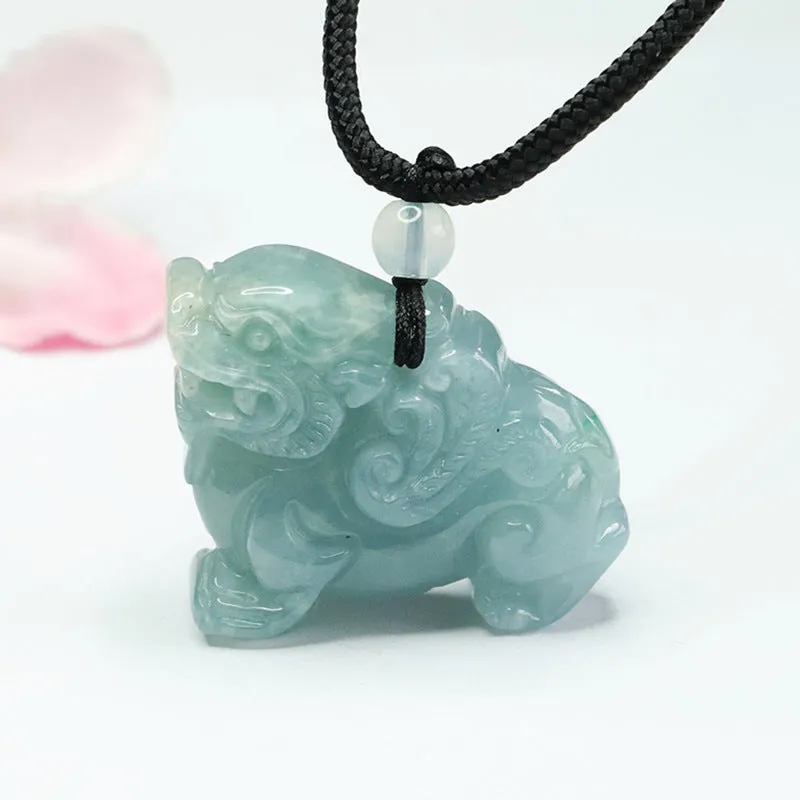 Jadeite Sterling Silver Pixiu Pendant with Green and Blue Accents