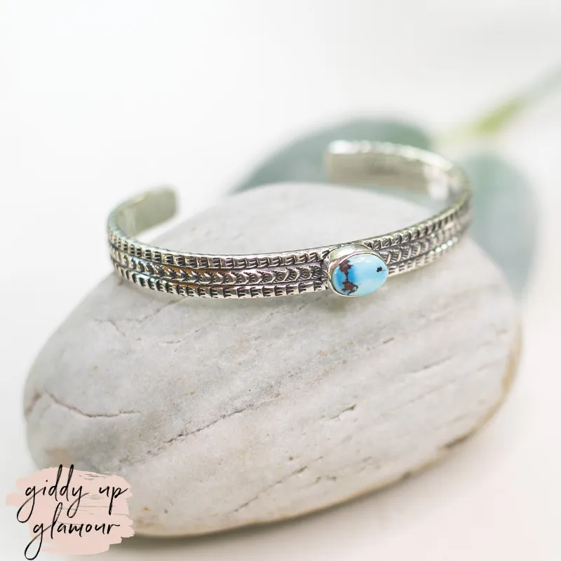June Delauito | Navajo Handmade Sterling Silver Cuff Bracelet with Golden Hills Turquoise Stone and Intricate Detailing