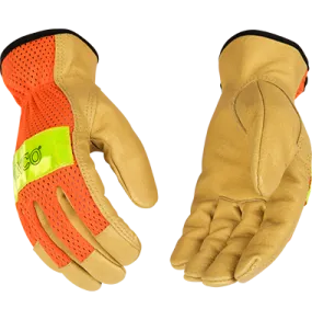 Kinco 909 High-Vis Nylon Fabric Mesh Back Golden Grain Pigskin Palm Elastic Wrist, 3M Scotchlite Reflective Knuckle Strap Keystone Thumb Gloves (One Dozen)