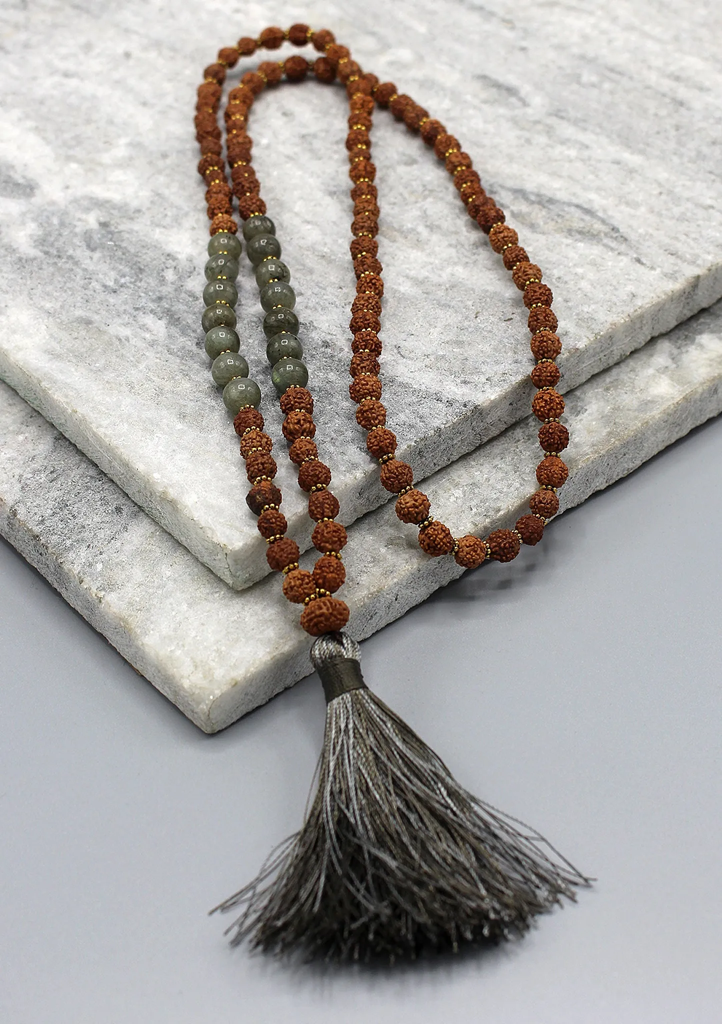 Labradorite Beads  Rudrakshya Prayer Mala with   Tassel