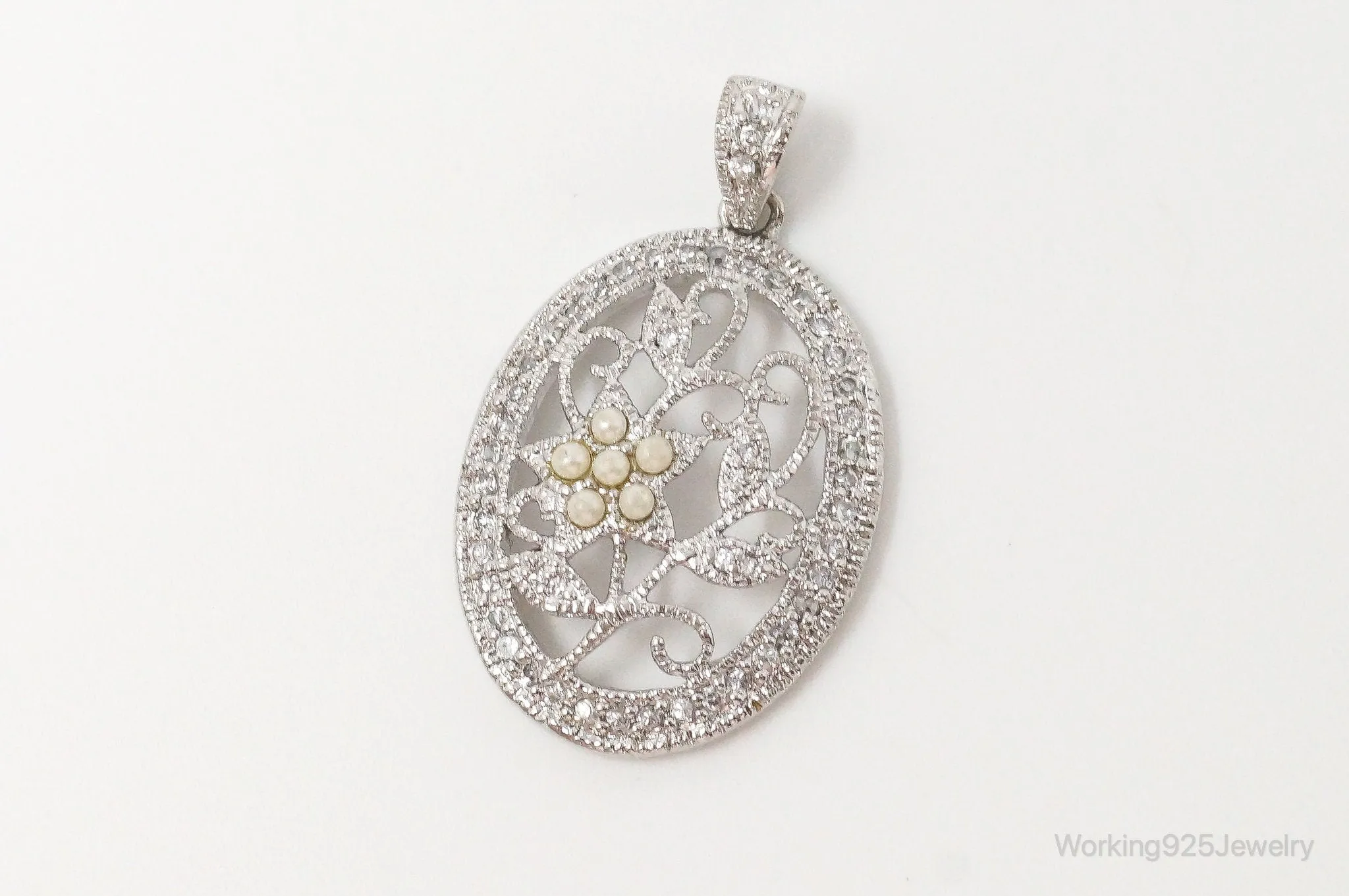 Large Vintage Faux Pearl Cubic Zirconia Sterling Silver Pendant