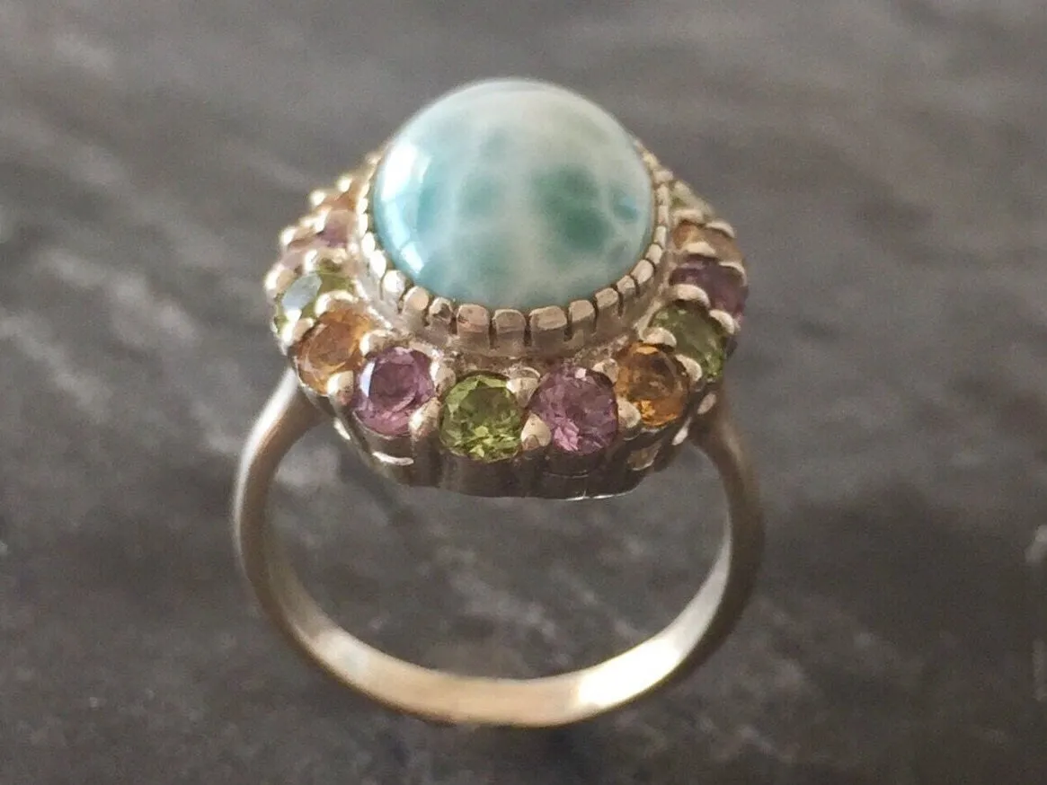 Larimar Ring - Victorian Statement Ring - Blue Larimar Ring